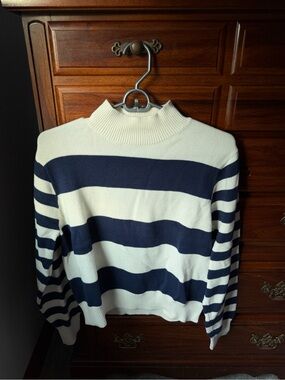 Striped Mock Neck Sweater in Navy and Cream